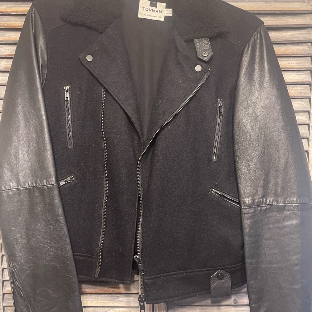Topman Black Leather Sleeve Jacket